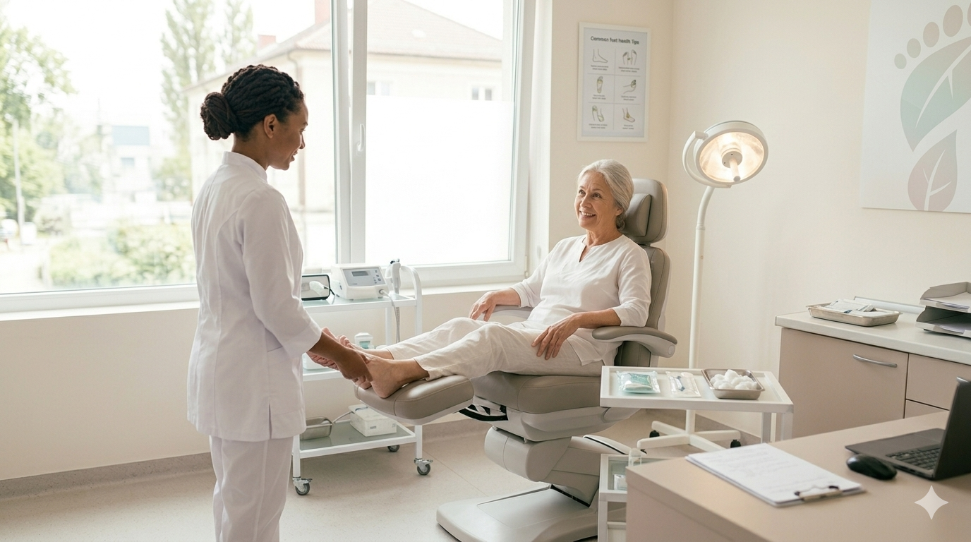 A professional and bright podiatry clinic setting. A Black female podiatrist in a clean white medical tunic is examining the feet of an elderly woman who is sitting comfortably in a modern, light-colored podiatrist chair. The room is filled with soft natural light from a large window, featuring minimal clinical styling and professional medical equipment in the background.